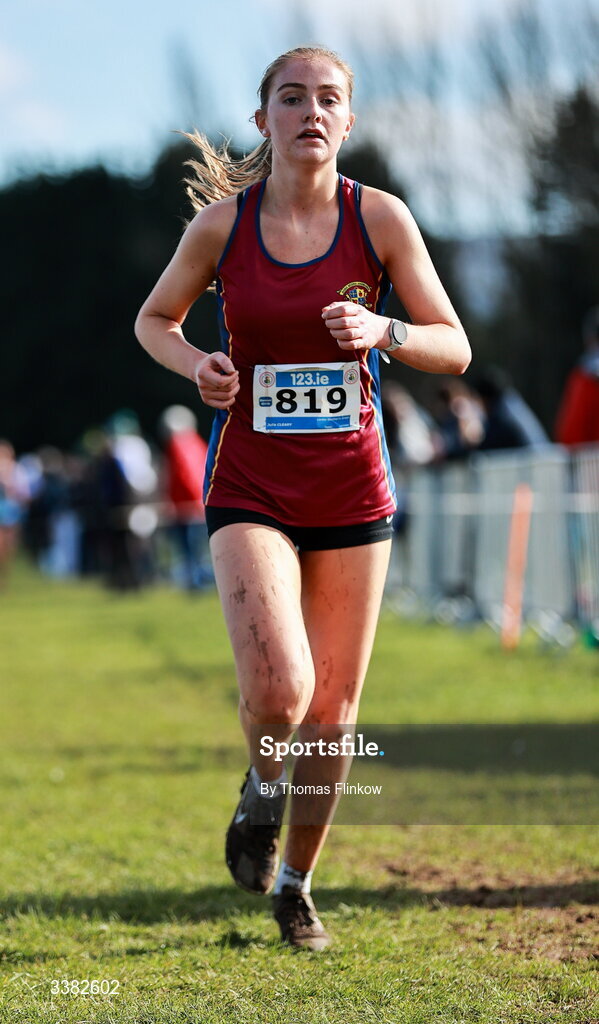 7 March 2026; Julie Cleary of Loreto Stephen's Green, Dublin, competes in the senior girls event during the 123.ie All Ireland Schools’ Cross Country Championships at Mallusk Playing Fields in Newtownabbey, Antrim. Photo by Thomas Flinkow/Sportsfile