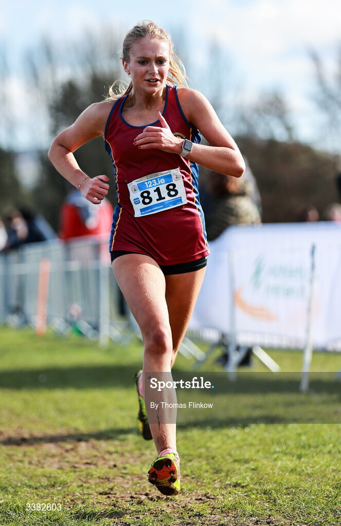 7 March 2026; Lily Clarke Hanrahan of Loreto Stephen's Green, Dublin, competes in the senior girls event during the 123.ie All Ireland Schools’ Cross Country Championships at Mallusk Playing Fields in Newtownabbey, Antrim. Photo by Thomas Flinkow/Sportsfile