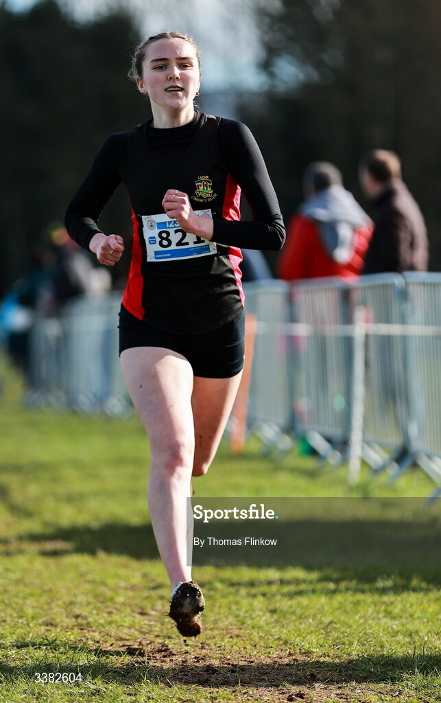7 March 2026; Isabel Cuffe of Lucan Com. College, Dublin, competes in the senior girls event during the 123.ie All Ireland Schools’ Cross Country Championships at Mallusk Playing Fields in Newtownabbey, Antrim. Photo by Thomas Flinkow/Sportsfile
