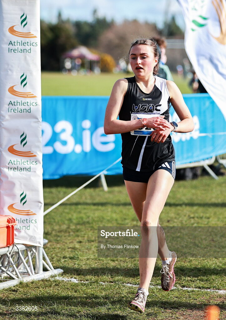 7 March 2026; Emma Hickey of St Marys Secondary School Newross, Wexford, on her way to winning the senior girls event during the 123.ie All Ireland Schools’ Cross Country Championships at Mallusk Playing Fields in Newtownabbey, Antrim. Photo by Thomas Flinkow/Sportsfile