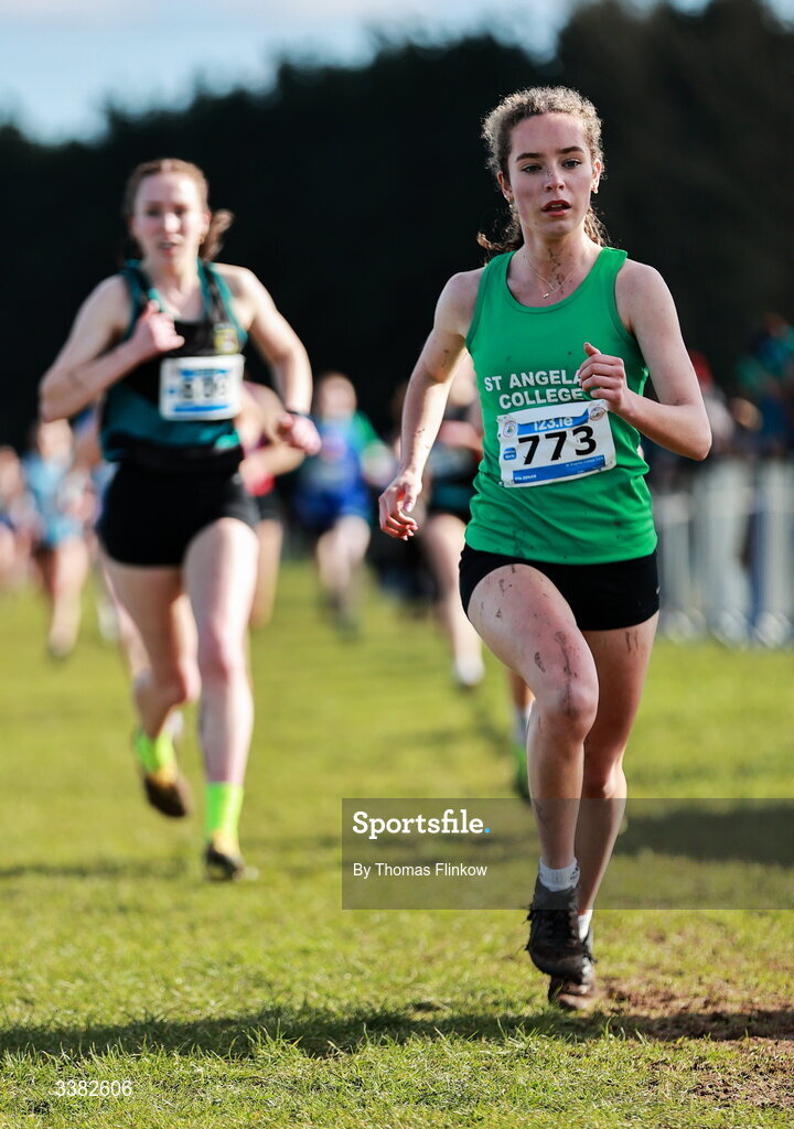 7 March 2026; Ella Dinan of St Angelas College Cork competes in the senior girls event during the 123.ie All Ireland Schools’ Cross Country Championships at Mallusk Playing Fields in Newtownabbey, Antrim. Photo by Thomas Flinkow/Sportsfile