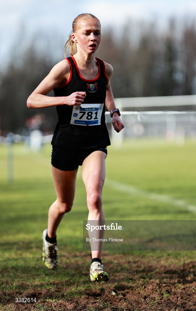 7 March 2026; Emma Stewart of Banbridge Academy, Down, competes in the senior girls event during the 123.ie All Ireland Schools’ Cross Country Championships at Mallusk Playing Fields in Newtownabbey, Antrim. Photo by Thomas Flinkow/Sportsfile