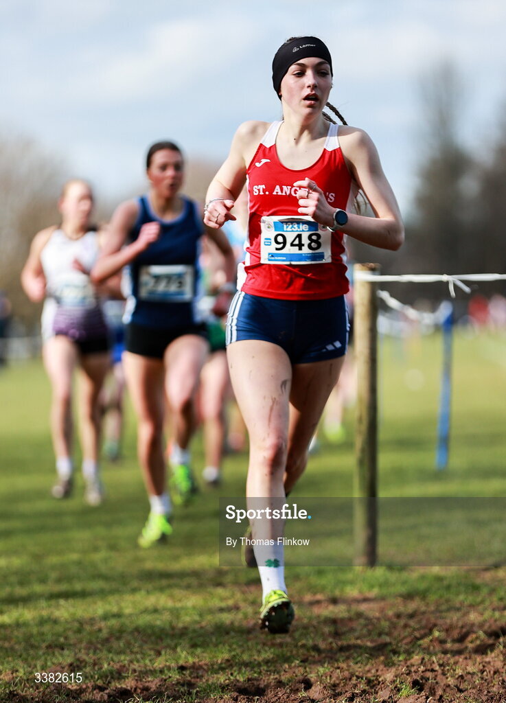7 March 2026; Lucy Clinton of St Angela's Waterford competes in the senior girls event during the 123.ie All Ireland Schools’ Cross Country Championships at Mallusk Playing Fields in Newtownabbey, Antrim. Photo by Thomas Flinkow/Sportsfile