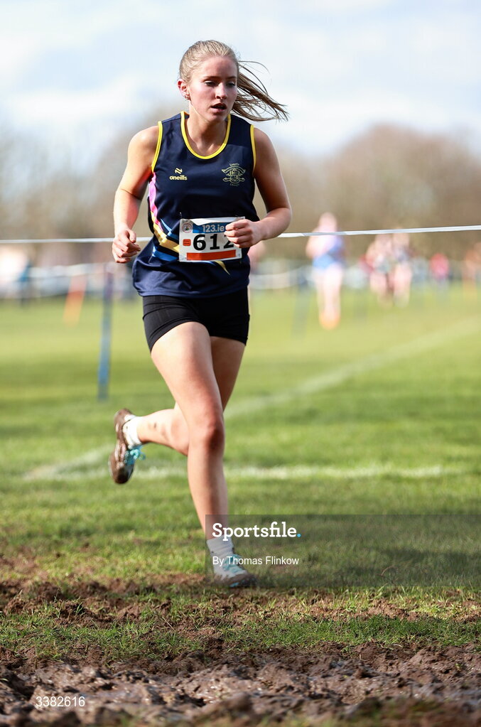 7 March 2026; Orlagh Martin of Loreto Omagh, Tyrone, competes in the senior girls event during the 123.ie All Ireland Schools’ Cross Country Championships at Mallusk Playing Fields in Newtownabbey, Antrim. Photo by Thomas Flinkow/Sportsfile