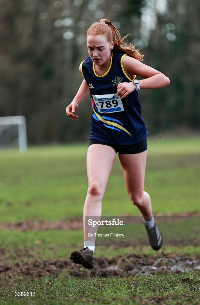 7 March 2026; Cass Cameron of Loreto Omagh, Tyrone, competes in the senior girls event during the 123.ie All Ireland Schools’ Cross Country Championships at Mallusk Playing Fields in Newtownabbey, Antrim. Photo by Thomas Flinkow/Sportsfile