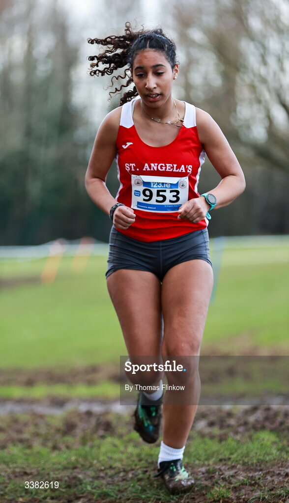 7 March 2026; Cassandra Abullo of St Angela's Waterford competes in the senior girls event during the 123.ie All Ireland Schools’ Cross Country Championships at Mallusk Playing Fields in Newtownabbey, Antrim. Photo by Thomas Flinkow/Sportsfile
