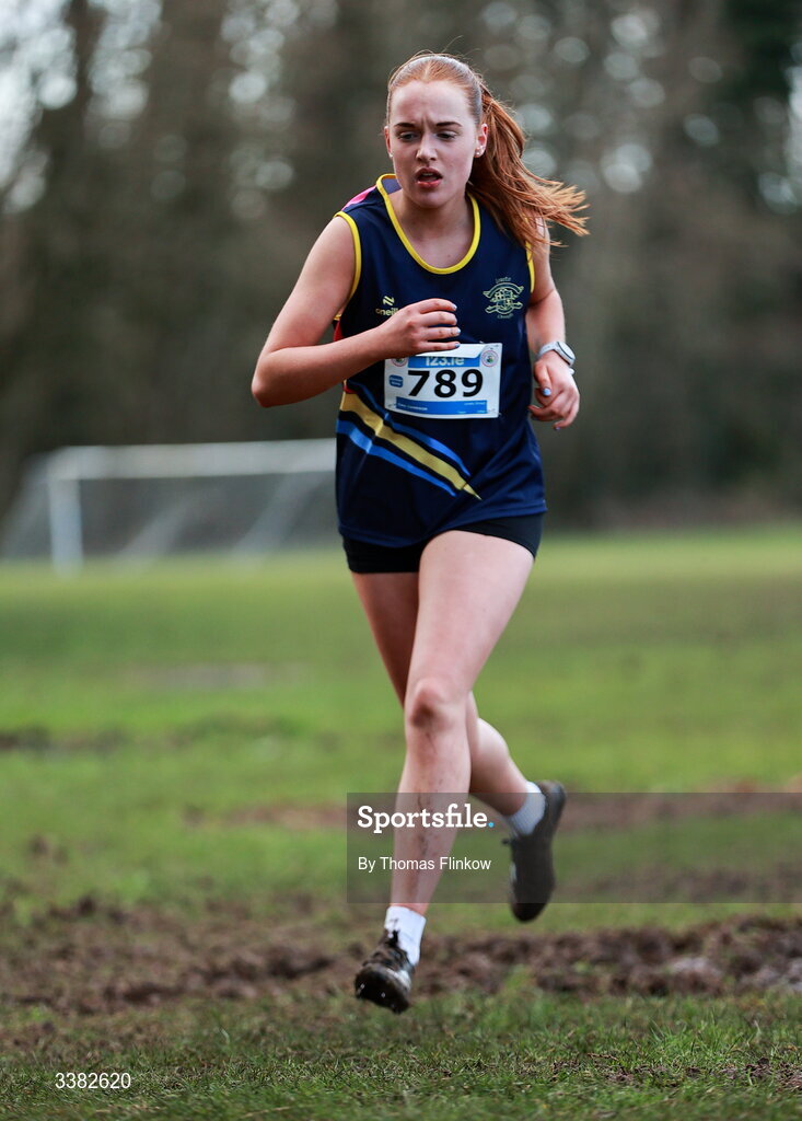 7 March 2026; Cass Cameron of Loreto Omagh, Tyrone, competes in the senior girls event during the 123.ie All Ireland Schools’ Cross Country Championships at Mallusk Playing Fields in Newtownabbey, Antrim. Photo by Thomas Flinkow/Sportsfile