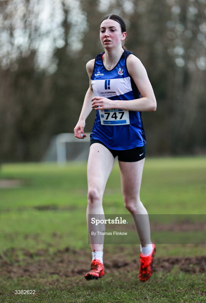 7 March 2026; Sinead Greene of Colaiste Chiarain Athlone, Roscommon, competes in the senior girls event during the 123.ie All Ireland Schools’ Cross Country Championships at Mallusk Playing Fields in Newtownabbey, Antrim. Photo by Thomas Flinkow/Sportsfile