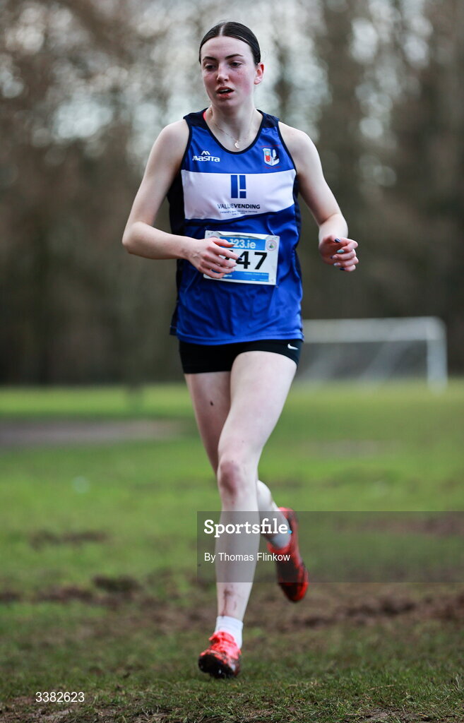 7 March 2026; Sinead Greene of Colaiste Chiarain Athlone, Roscommon, competes in the senior girls event during the 123.ie All Ireland Schools’ Cross Country Championships at Mallusk Playing Fields in Newtownabbey, Antrim. Photo by Thomas Flinkow/Sportsfile