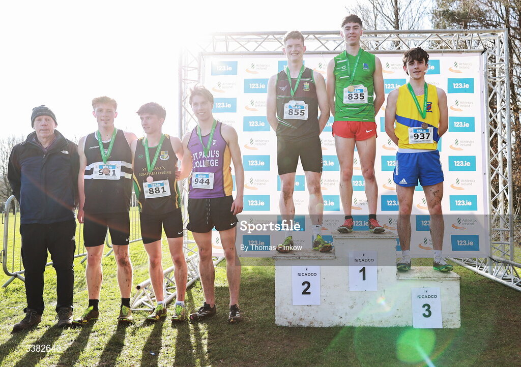 7 March 2026; Senior boys medallists, Caolan McFadden of Loreto Milford, Donegal, gold, Odhrán McBrearty of St. Columba's Stranorlar, Donegal, silver, Lorcan Forde Dunne of St. Mary's Diocesan School, Louth, bronze, Conrad Latham of St. Paul's College, Raheny, Dublin, fourth, Lucas Lyons of St Clares Comprehensive Manorhamilton, Leitrim, fifth, and Charlie O'Neill of Belvedere College, Dublin, sixth, during the 123.ie All Ireland Schools’ Cross Country Championships at Mallusk Playing Fields in Newtownabbey, Antrim. Photo by Thomas Flinkow/Sportsfile