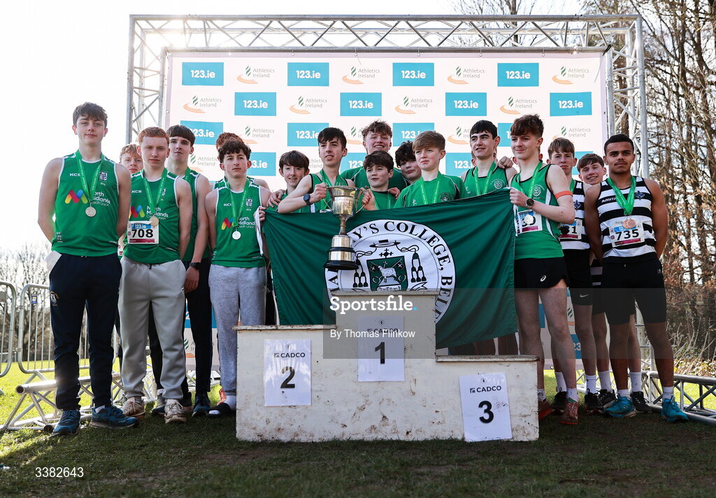 7 March 2026; Inter boys team medallists, St Malachys Belfast, gold, Colaiste Mhuire, silver, and St. Kieran's Kilkenny, bronze, celebrate after the 123.ie All Ireland Schools’ Cross Country Championships at Mallusk Playing Fields in Newtownabbey, Antrim. Photo by Thomas Flinkow/Sportsfile