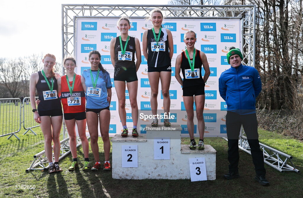 7 March 2026; Senior girls medallists, Emma Hickey of St Marys Secondary School Newross, Wexford, gold, Dearbhla Allen of St. Mary's College, Louth, silver, Emma Stewart of Banbridge Academy, Down, bronze, Sholah Lawrence of Our Lady's College, Louth, fourth, Saoirse Twomey of St Marys Secondary School Macroom, Cork, fifth, Freya Woodhead of Methodist Col Belfast, Antrim, sixth, during the 123.ie All Ireland Schools’ Cross Country Championships at Mallusk Playing Fields in Newtownabbey, Antrim. Photo by Thomas Flinkow/Sportsfile