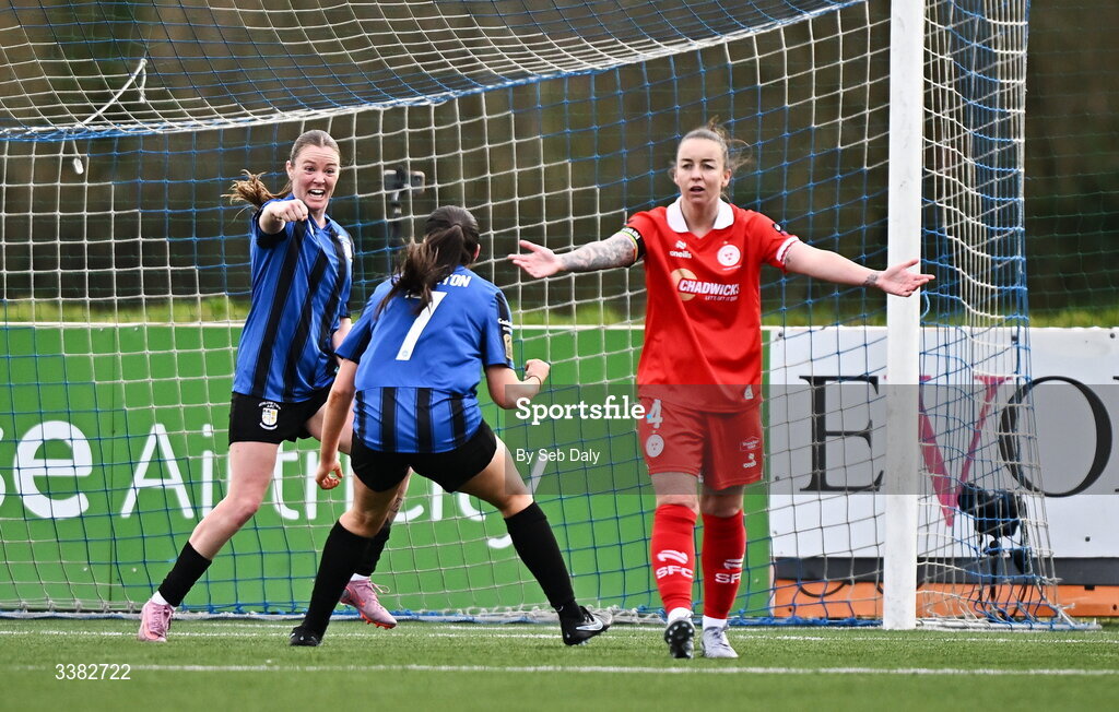 8 March 2026; Dana Scheriff of Athlone Town, left, celebrates after scoring her side's first goal during the 2026 Women's President's Cup final match between Athlone Town and Shelbourne at Athlone Town Stadium in Westmeath. Photo by Seb Daly/Sportsfile