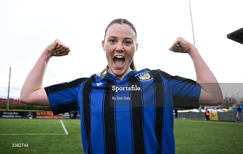 8 March 2026; Dana Scheriff of Athlone Town celebrates after her side's victory in the 2026 Women's President's Cup final match between Athlone Town and Shelbourne at Athlone Town Stadium in Westmeath. Photo by Seb Daly/Sportsfile