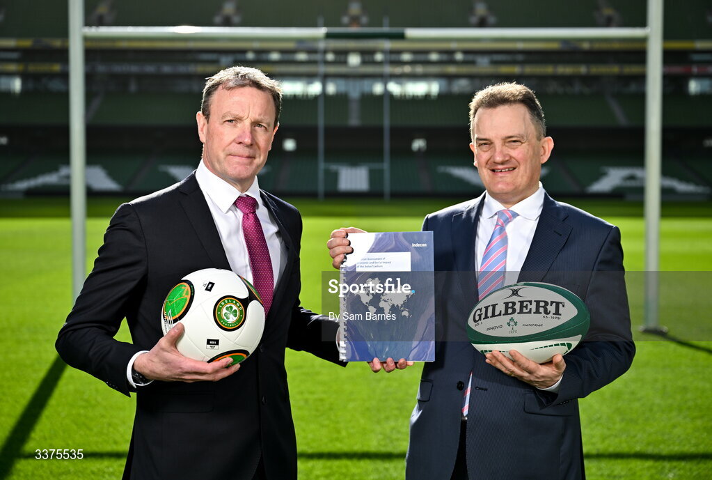 9 March 2026; Stadium Director at Aviva Stadium Alan Gallagher, left, and Indecon Senior Partner William Batt during announcement of the Economic Impact Report for Aviva Stadium at the Aviva Stadium in Dublin. Photo by Sam Barnes/Sportsfile