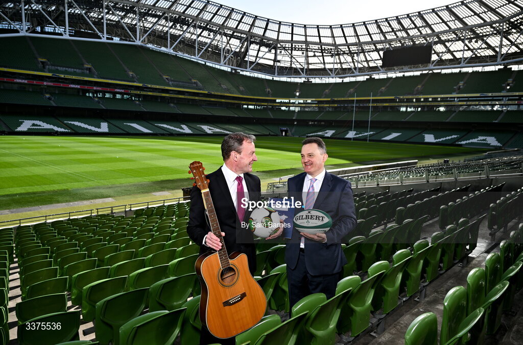 9 March 2026; Stadium Director at Aviva Stadium Alan Gallagher, left, and Indecon Senior Partner William Batt during announcement of the Economic Impact Report for Aviva Stadium at the Aviva Stadium in Dublin. Photo by Sam Barnes/Sportsfile