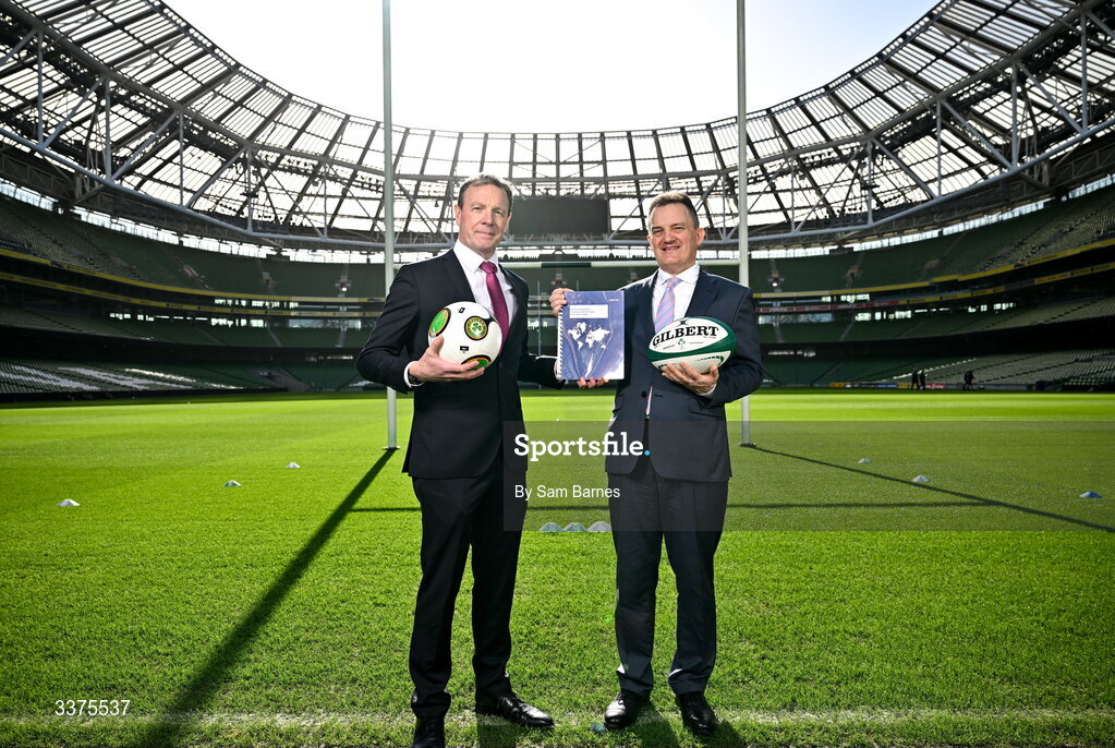 9 March 2026; Stadium Director at Aviva Stadium Alan Gallagher, left, and Indecon Senior Partner William Batt during announcement of the Economic Impact Report for Aviva Stadium at the Aviva Stadium in Dublin. Photo by Sam Barnes/Sportsfile