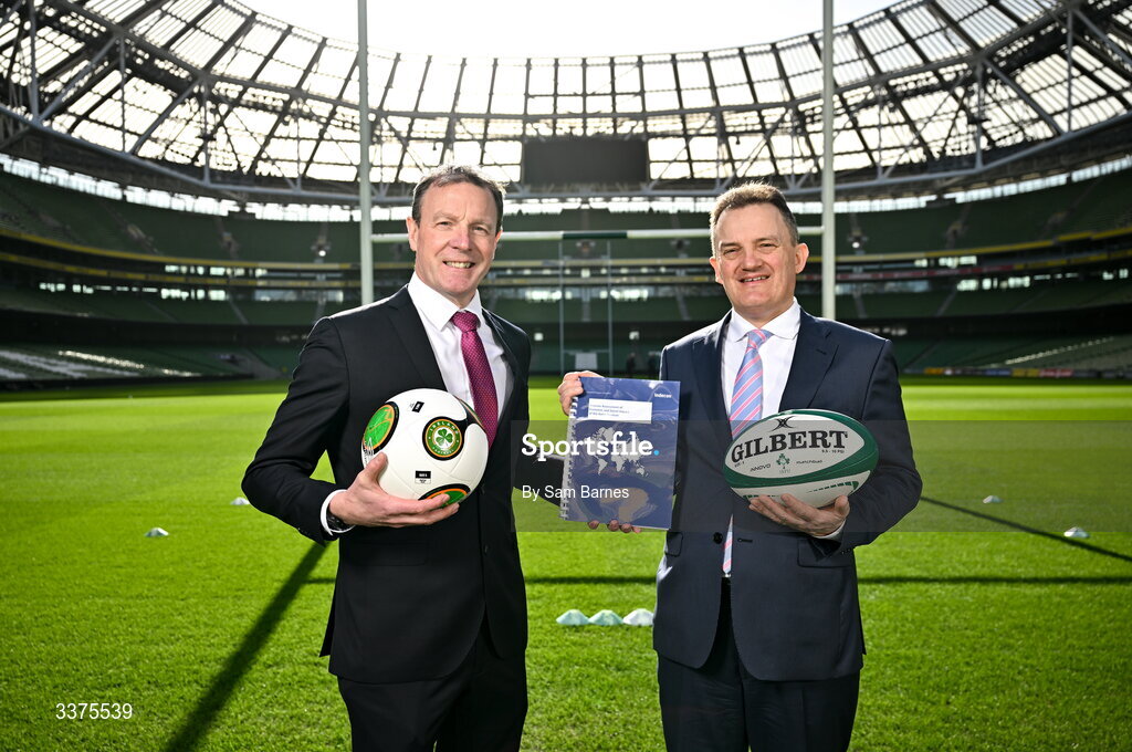 9 March 2026; Stadium Director at Aviva Stadium Alan Gallagher, left, and Indecon Senior Partner William Batt during announcement of the Economic Impact Report for Aviva Stadium at the Aviva Stadium in Dublin. Photo by Sam Barnes/Sportsfile