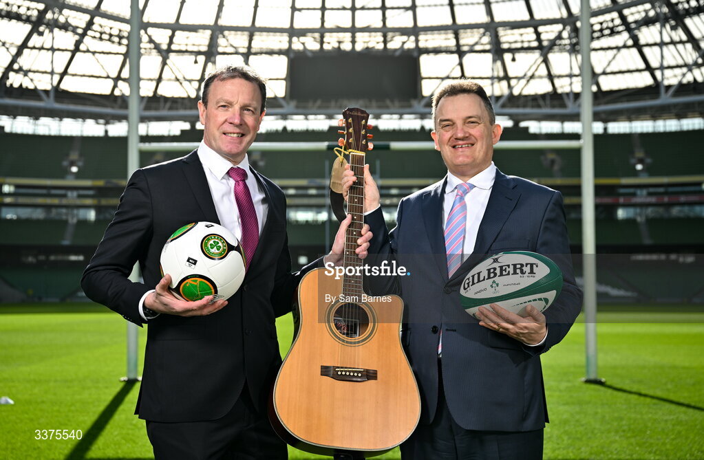 9 March 2026; Stadium Director at Aviva Stadium Alan Gallagher, left, and Indecon Senior Partner William Batt during announcement of the Economic Impact Report for Aviva Stadium at the Aviva Stadium in Dublin. Photo by Sam Barnes/Sportsfile