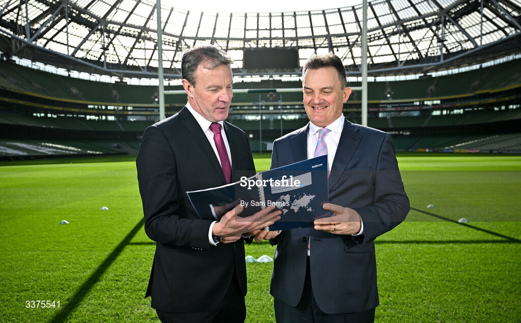 9 March 2026; Stadium Director at Aviva Stadium Alan Gallagher, left, and Indecon Senior Partner William Batt during announcement of the Economic Impact Report for Aviva Stadium at the Aviva Stadium in Dublin. Photo by Sam Barnes/Sportsfile