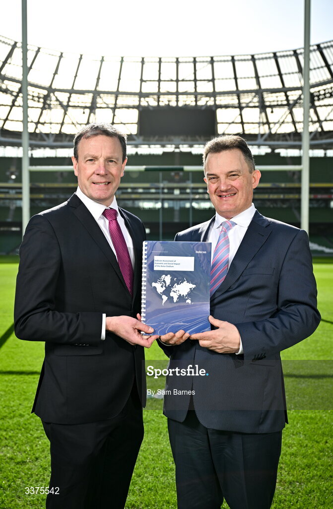 9 March 2026; Stadium Director at Aviva Stadium Alan Gallagher, left, and Indecon Senior Partner William Batt during announcement of the Economic Impact Report for Aviva Stadium at the Aviva Stadium in Dublin. Photo by Sam Barnes/Sportsfile
