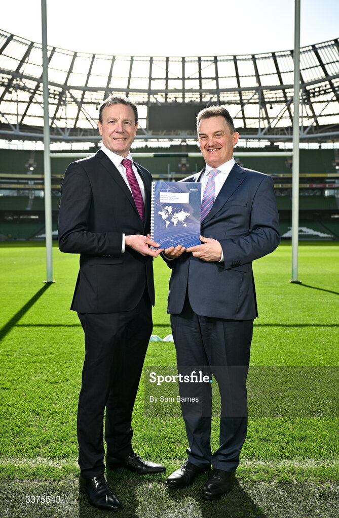 9 March 2026; Stadium Director at Aviva Stadium Alan Gallagher, left, and Indecon Senior Partner William Batt during announcement of the Economic Impact Report for Aviva Stadium at the Aviva Stadium in Dublin. Photo by Sam Barnes/Sportsfile