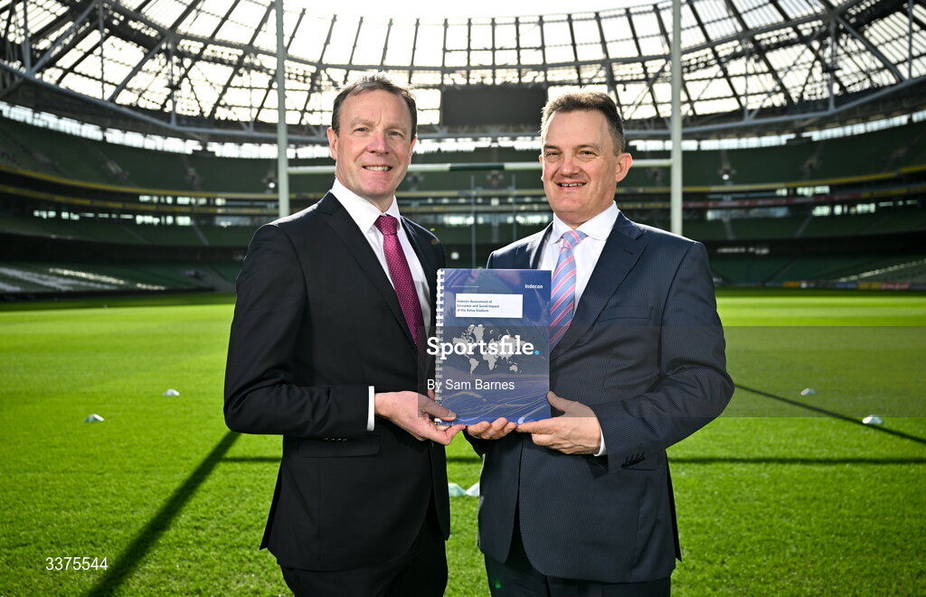 9 March 2026; Stadium Director at Aviva Stadium Alan Gallagher, left, and Indecon Senior Partner William Batt during announcement of the Economic Impact Report for Aviva Stadium at the Aviva Stadium in Dublin. Photo by Sam Barnes/Sportsfile