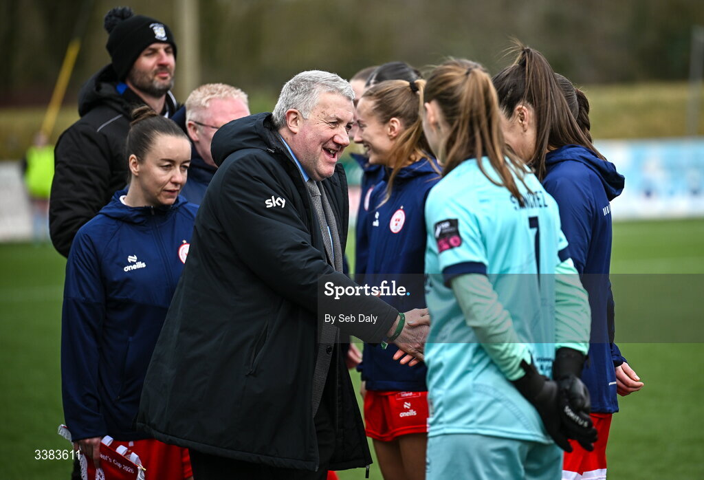 8 March 2026; FAI President Paul Cooke meets Athlone Town players before the 2026 Women's President's Cup final match between Athlone Town and Shelbourne at Athlone Town Stadium in Westmeath. Photo by Seb Daly/Sportsfile
