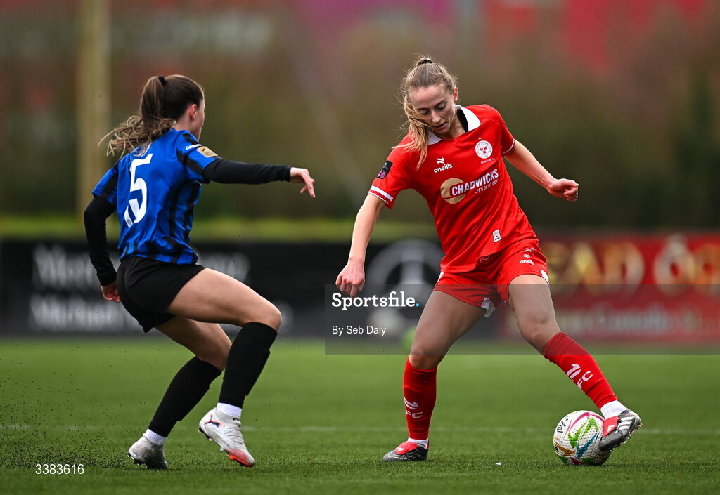 8 March 2026; Aoibheann Clancy of Shelbourne in action against Isabel Ryan of Athlone Town during the 2026 Women's President's Cup final match between Athlone Town and Shelbourne at Athlone Town Stadium in Westmeath. Photo by Seb Daly/Sportsfile