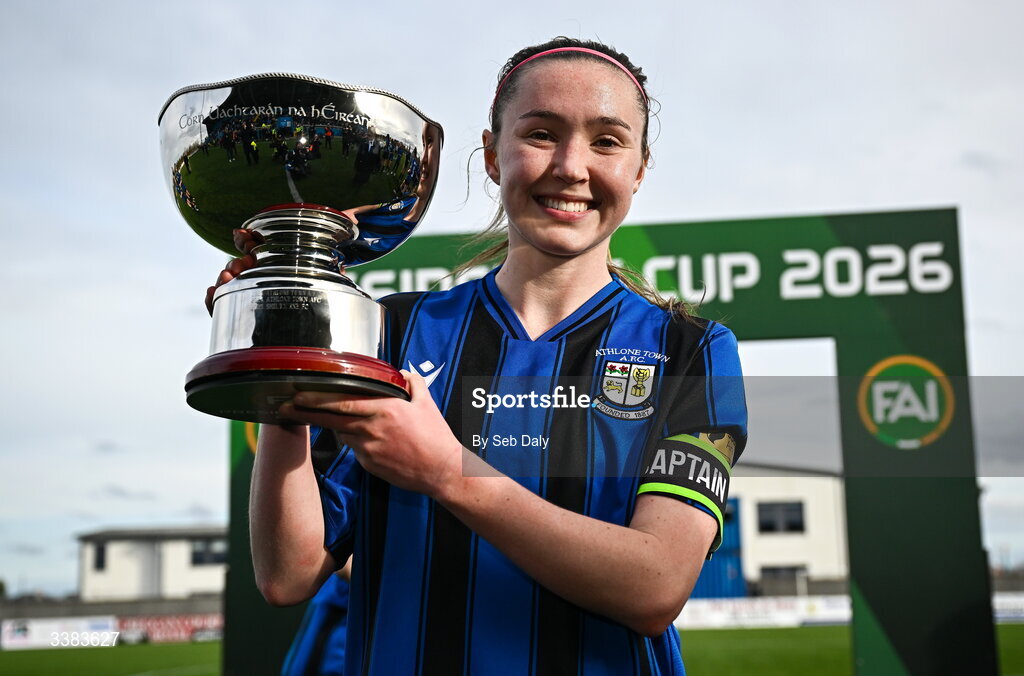 8 March 2026; Athlone Town captain Hannah Waesch with the FAI President's Cup after the 2026 Women's President's Cup final match between Athlone Town and Shelbourne at Athlone Town Stadium in Westmeath. Photo by Seb Daly/Sportsfile