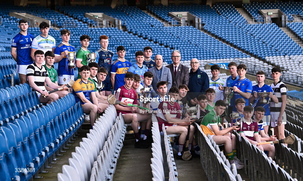10 March 2026; Stephen Reddy, General Manager at Masita, Uachtarán Chumann Lúthchleas Gael Jarlath Burns and Liam O’Mahoney, Cathaoirleach Post Primary Schools Committee, with hurlers and footballers from the upcoming finals during the Masita All-Ireland Post Primary Schools Finals 2026 launch at Croke Park in Dublin. Photo by Piaras Ó Mídheach/Sportsfile
