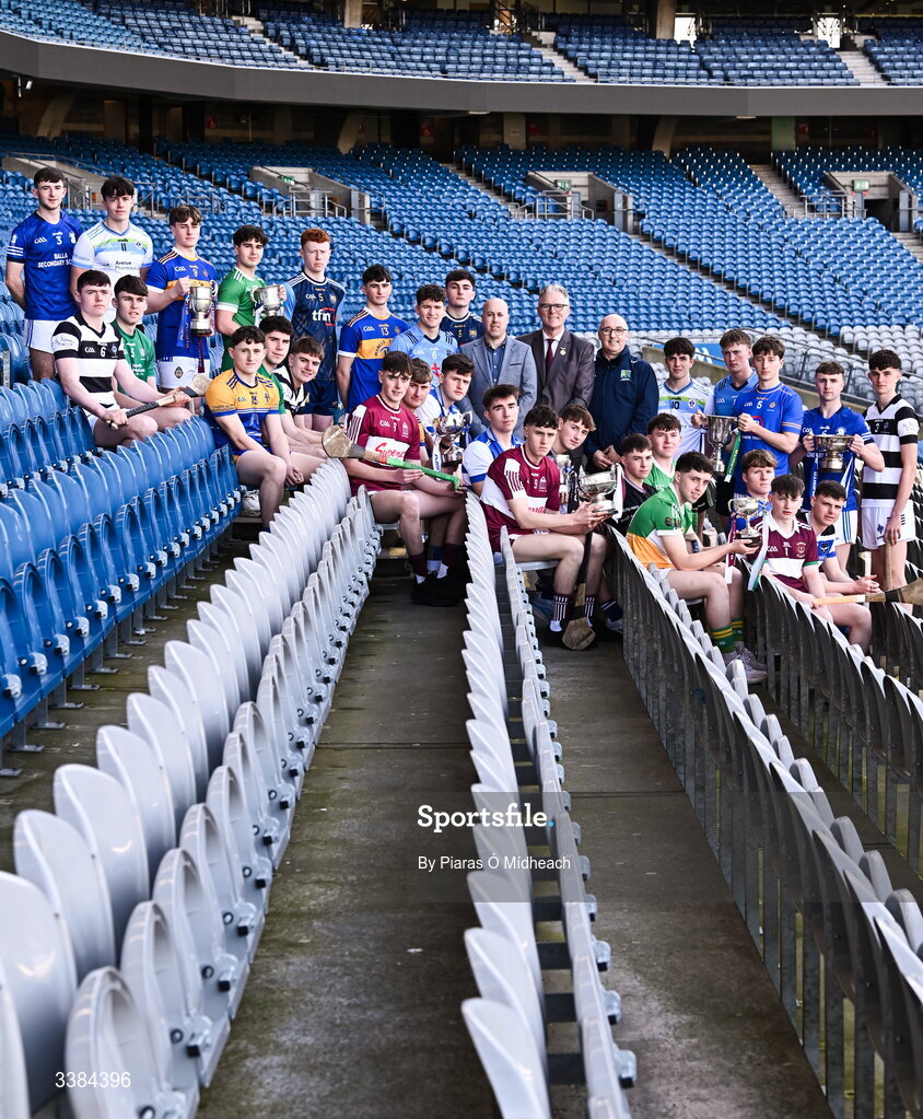 10 March 2026; Stephen Reddy, General Manager at Masita, Uachtarán Chumann Lúthchleas Gael Jarlath Burns and Liam O’Mahoney, Cathaoirleach Post Primary Schools Committee, with hurlers and footballers from the upcoming finals during the Masita All-Ireland Post Primary Schools Finals 2026 launch at Croke Park in Dublin. Photo by Piaras Ó Mídheach/Sportsfile