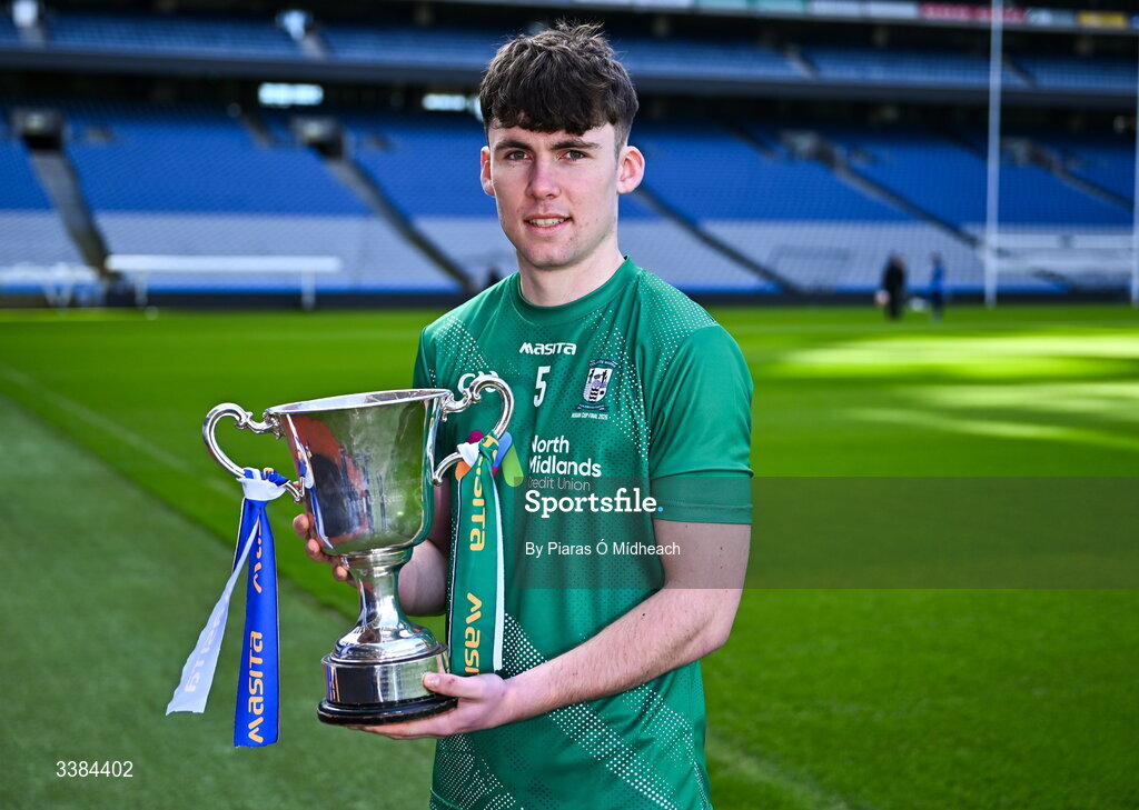 10 March 2026; Coláiste Mhuire Mullingar captain Michael Weir with the cup ahead of the upcoming Masita All Ireland PPS Hogan Football Final against Tralee CBS Kerry during the Masita All-Ireland Post Primary Schools Finals 2026 launch at Croke Park in Dublin. Photo by Piaras Ó Mídheach/Sportsfile