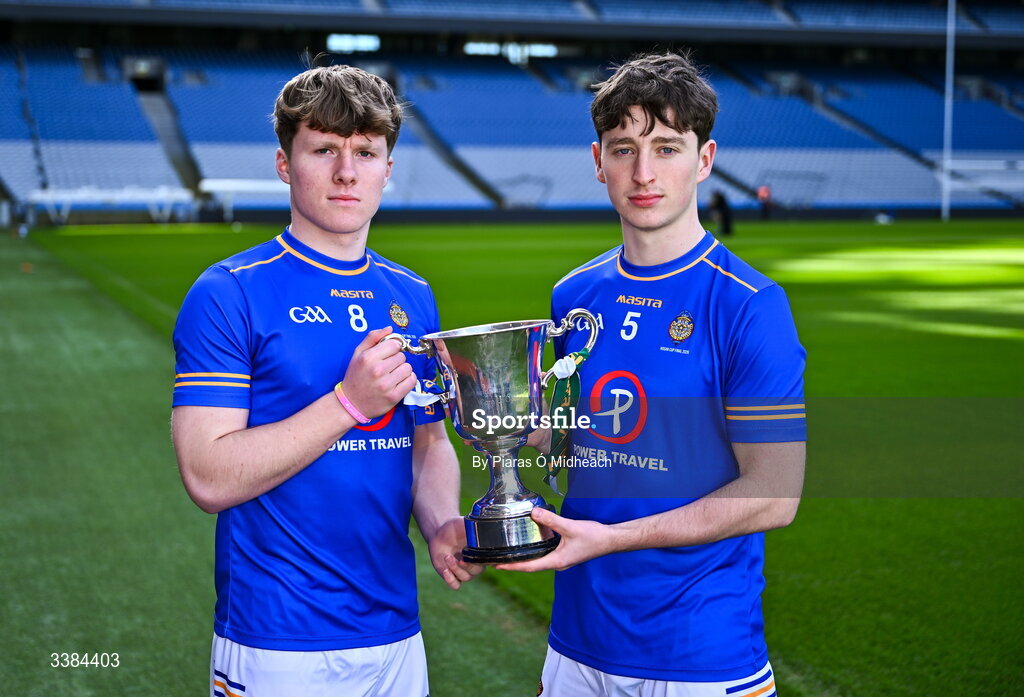 10 March 2026; Tralee CBS Kerry joint captains Máirtín McKivergan and Fionnán Ryan with the cup ahead of the upcoming Masita All Ireland PPS Hogan Football Final against Coláiste Mhuire Mullingar during the Masita All-Ireland Post Primary Schools Finals 2026 launch at Croke Park in Dublin. Photo by Piaras Ó Mídheach/Sportsfile