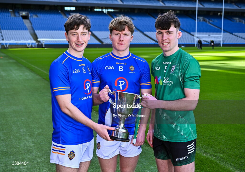 10 March 2026; Tralee CBS Kerry joint captains Fionnán Ryan, left, and Máirtín McKivergan and Coláiste Mhuire Mullingar captain Michael Weir with the cup ahead of the upcoming Masita All Ireland PPS Hogan Football Final during the Masita All-Ireland Post Primary Schools Finals 2026 launch at Croke Park in Dublin. Photo by Piaras Ó Mídheach/Sportsfile