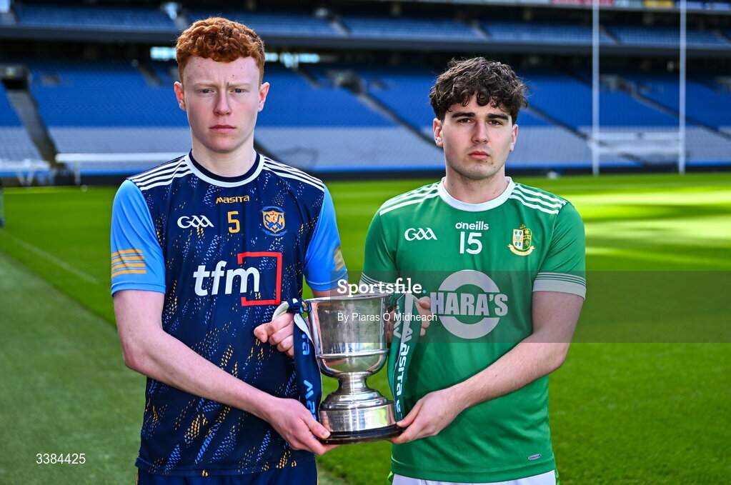 10 March 2026; Liam Greene, captain of Cnoc Mhuire Granard in Longford, left, and Conor Moriarty, captain of St Nathy's Ballaghaderreen, Roscommon, with the cup ahead of the upcoming Masita All Ireland PPS Paddy Drummond Football Final during the Masita All-Ireland Post Primary Schools Finals 2026 launch at Croke Park in Dublin. Photo by Piaras Ó Mídheach/Sportsfile