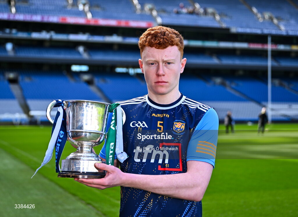 10 March 2026; Liam Greene captain of Cnoc Mhuire Granard in Longford with the cup ahead of the upcoming Masita All Ireland PPS Paddy Drummond Football Final against St Nathy's Ballaghaderreen, Roscommon, during the Masita All-Ireland Post Primary Schools Finals 2026 launch at Croke Park in Dublin. Photo by Piaras Ó Mídheach/Sportsfile