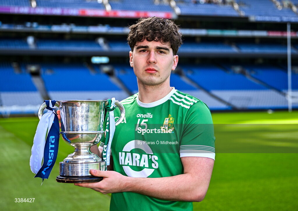 10 March 2026; Conor Moriarty, captain of St Nathy's Ballaghaderreen, Roscommon, with the cup ahead of the upcoming Masita All Ireland PPS Paddy Drummond Football Final against Cnoc Mhuire Granard, Longford, during the Masita All-Ireland Post Primary Schools Finals 2026 launch at Croke Park in Dublin.       Photo by Piaras Ó Mídheach/Sportsfile