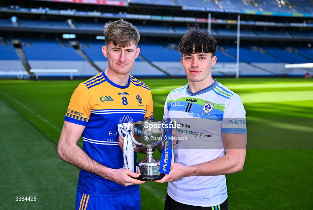 10 March 2026; Eoin Fitzpatrick, captain of Rice College Ennis, left, and Noah McGinty, captain of Largy College, Monaghan, with the cup ahead of the upcoming Masita All Ireland Br Edmund Ignatius Rice Football Final during the Masita All-Ireland Post Primary Schools Finals 2026 launch at Croke Park in Dublin. Photo by Piaras Ó Mídheach/Sportsfile