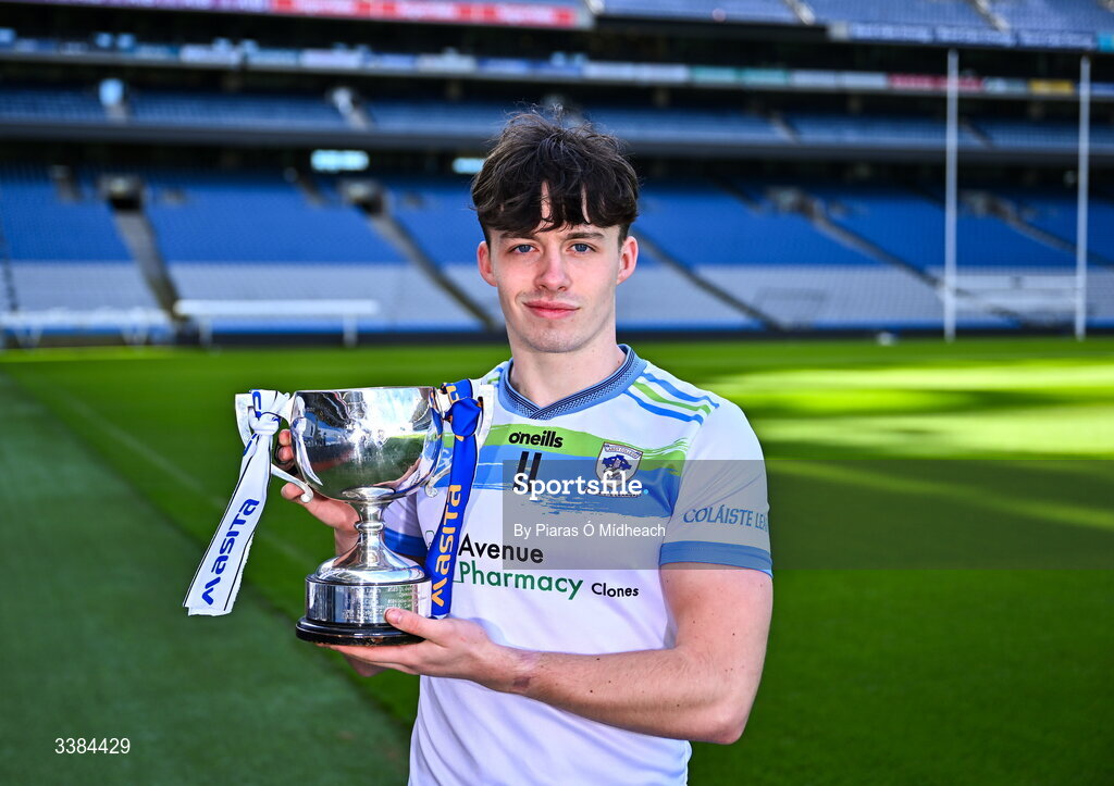 10 March 2026; Noah McGinty, captain of Largy College, Monaghan, with the cup ahead of the upcoming Masita All Ireland Br Edmund Ignatius Rice Football Final against Rice College Ennis during the Masita All-Ireland Post Primary Schools Finals 2026 launch at Croke Park in Dublin. Photo by Piaras Ó Mídheach/Sportsfile