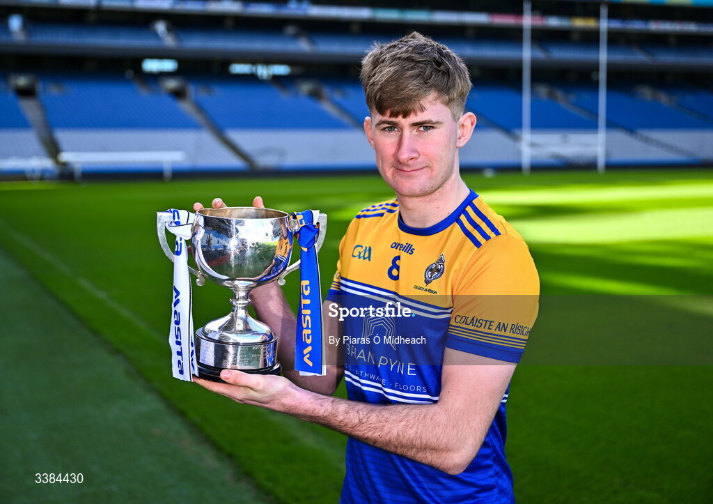 10 March 2026; Rice College Ennis captain Eoin Fitzpatrick with the cup ahead of the upcoming Masita All Ireland Br Edmund Ignatius Rice Football Final against Largy College, Monaghan, during the Masita All-Ireland Post Primary Schools Finals 2026 launch at Croke Park in Dublin. Photo by Piaras Ó Mídheach/Sportsfile