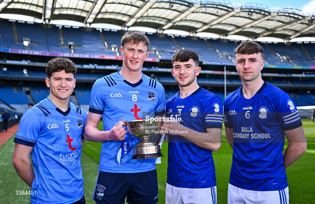 10 March 2026; Joint captains of St Ciarán's College Ballygawley in Tyrone Micheal Mullin, left, and Darren McAnespie with joint captains of Balla Secondary School in Mayo Seán Brohan and Ryan O'Donnell, right, ahead of the upcoming Masita All Ireland PPS Dr Eamonn O’Sullivan Football Final during the Masita All-Ireland Post Primary Schools Finals 2026 launch at Croke Park in Dublin. Photo by Piaras Ó Mídheach/Sportsfile