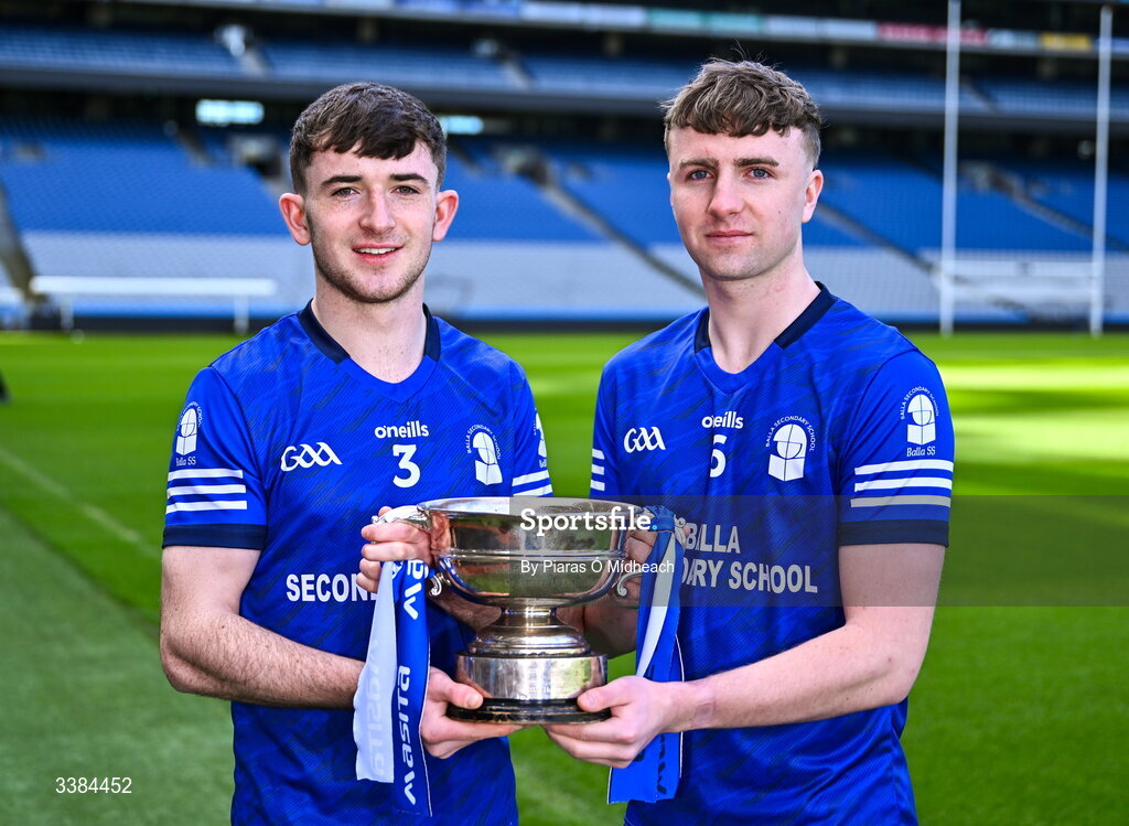 10 March 2026; Joint captains of Balla Secondary School in Mayo Seán Brohan, left, and Ryan O'Donnell with the cup head of the upcoming Masita All Ireland PPS Dr Eamonn O’Sullivan Football Final against St Ciarán's College Ballygawley in Tyrone during the Masita All-Ireland Post Primary Schools Finals 2026 launch at Croke Park in Dublin. Photo by Piaras Ó Mídheach/Sportsfile