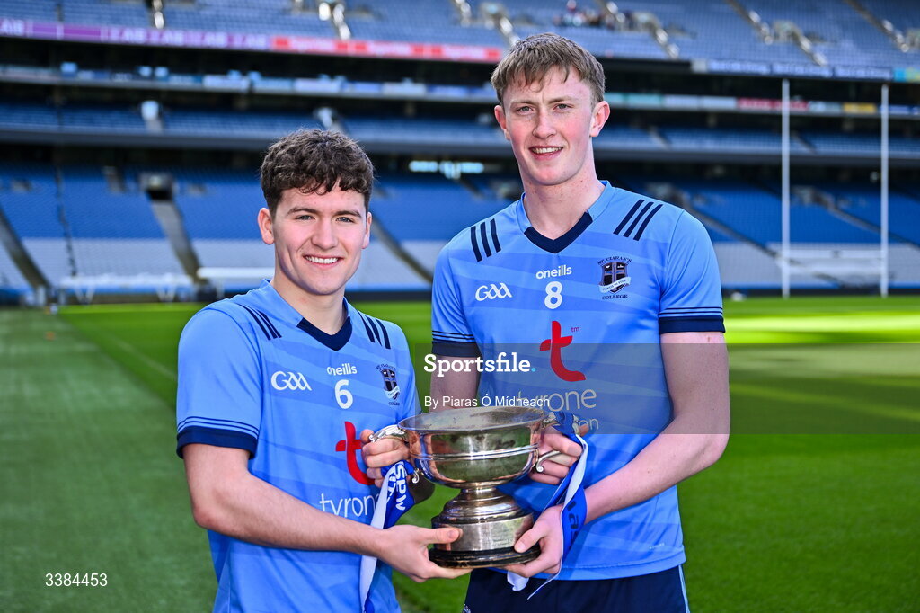 10 March 2026; Joint captains of St Ciarán's College Ballygawley in Tyrone Micheal Mullin, left, and Darren McAnespie with the cup ahead of the upcoming Masita All Ireland PPS Dr Eamonn O’Sullivan Football Final against Balla Secondary School in Mayo during the Masita All-Ireland Post Primary Schools Finals 2026 launch at Croke Park in Dublin. Photo by Piaras Ó Mídheach/Sportsfile