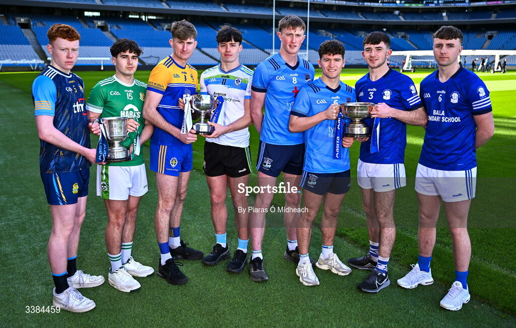 10 March 2026; Attendees, from left, Liam Greene, captain of Cnoc Mhuire Granard in Longford, and Conor Moriarty, captain of St Nathy's Ballaghaderreen, Roscommon, with the cup ahead of the upcoming Masita All Ireland PPS Paddy Drummond Football Final, Eoin Fitzpatrick, captain of Rice College Ennis, left, and Noah McGinty, captain of Largy College, Monaghan, with the cup ahead of the upcoming Masita All Ireland Br Edmund Ignatius Rice Football Final, and Joint captains of St Ciarán's College Ballygawley in Tyrone, Darren McAnespie, left, and Micheal Mullin with joint captains of Balla Secondary School in Mayo Seán Brohan and Ryan O'Donnell, right, ahead of the upcoming Masita All Ireland PPS Dr Eamonn O’Sullivan Football Final during the Masita All-Ireland Post Primary Schools Finals 2026 launch at Croke Park in Dublin. Photo by Piaras Ó Mídheach/Sportsfile