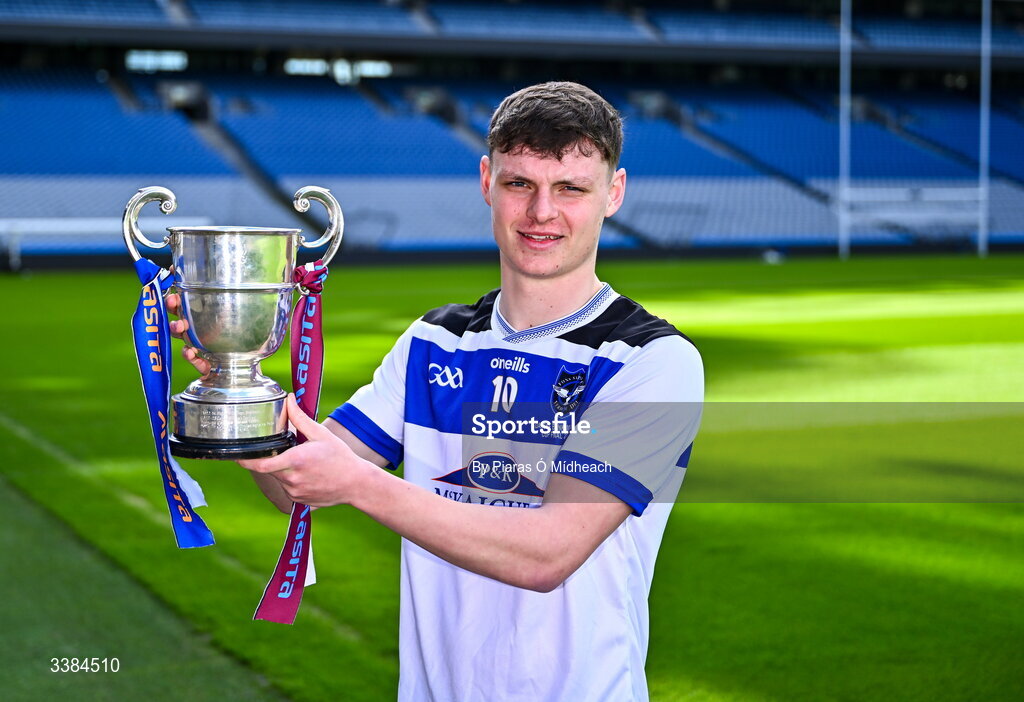 10 March 2026; Rían Collins, captain of St Patrick's College, Maghera, Derry, with the cup ahead of the upcoming Masita All Ireland PPS Paddy Buggy Hurling Final against CBS, The Green, Tralee, Kerry, during the Masita All-Ireland Post Primary Schools Finals 2026 launch at Croke Park in Dublin. Photo by Piaras Ó Mídheach/Sportsfile