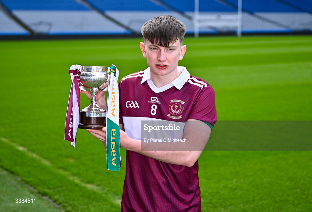 10 March 2026; Michéal Collins captain of St Joseph's College Borrisoleigh, Tipperary, with the cup ahead of the upcoming Masita All Ireland PPS Michael Cusack Hurling Final against Coláiste Naomh Cormac, Offaly, during the Masita All-Ireland Post Primary Schools Finals 2026 launch at Croke Park in Dublin. Photo by Piaras Ó Mídheach/Sportsfile