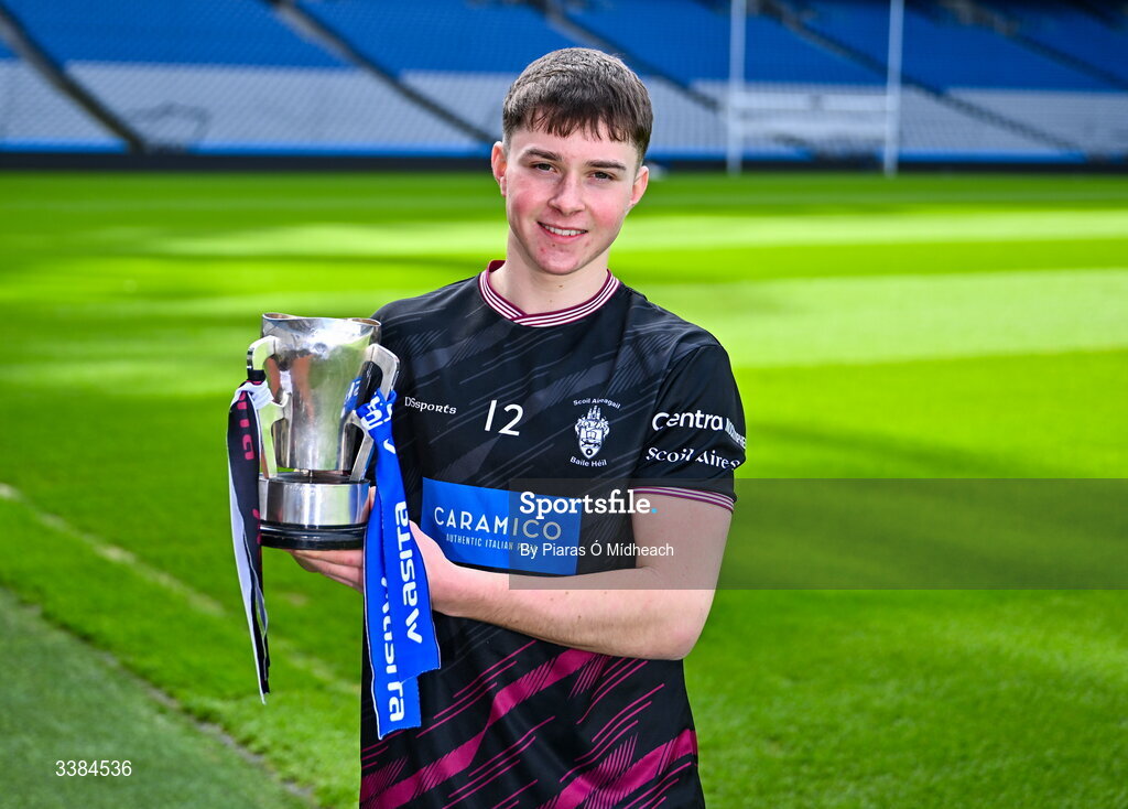 10 March 2026; Adam Franks, captain of Scoil Aireagail, Ballyhale, Kilkenny, with the cup ahead of the upcoming Masita All Ireland PPS Niall McInerney Hurling Final against Mount Sion CBS, Waterford, during the Masita All-Ireland Post Primary Schools Finals 2026 launch at Croke Park in Dublin. Photo by Piaras Ó Mídheach/Sportsfile