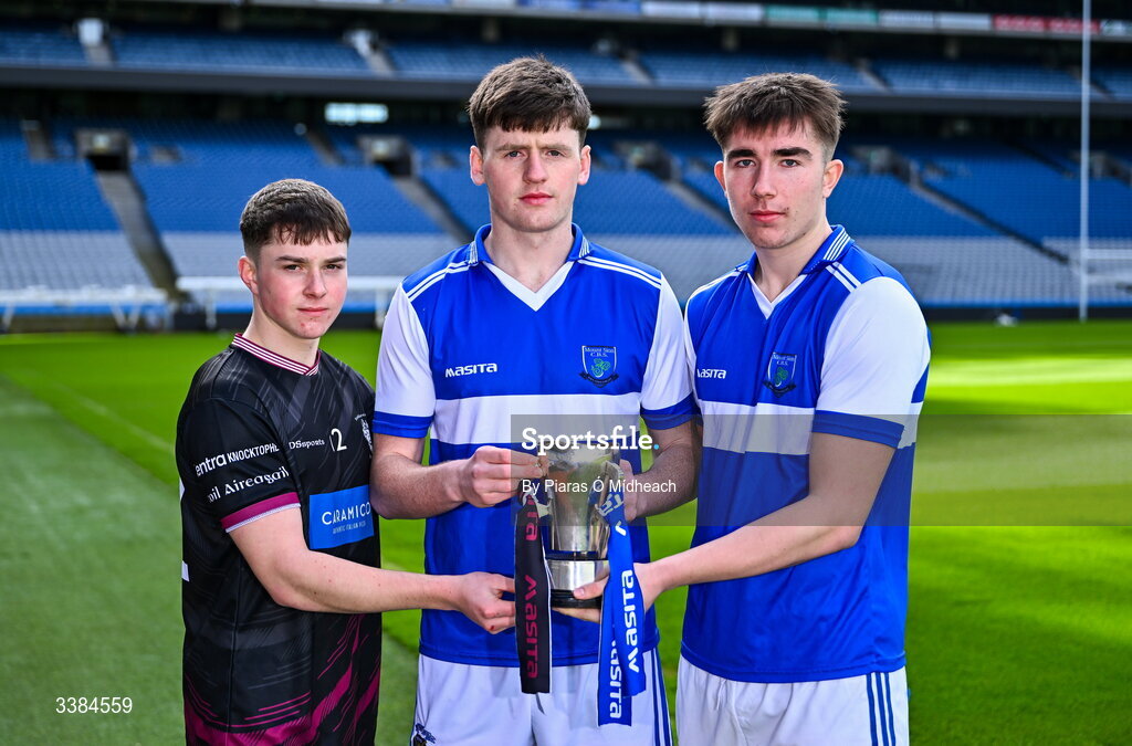 10 March 2026; Adam Franks, captain of Scoil Aireagail, Ballyhale, Kilkenny, left, and Tommy Kennedy, and Bradley Penkert, right, joint captains of Mount Sion CBS, Waterford, with the cup ahead of the upcoming Masita All Ireland PPS Niall McInerney Hurling Final during the Masita All-Ireland Post Primary Schools Finals 2026 launch at Croke Park in Dublin. Photo by Piaras Ó Mídheach/Sportsfile