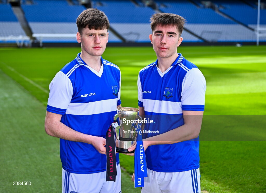 10 March 2026; Tommy Kennedy, left, and Bradley Penkert joint captains of Mount Sion CBS, Waterford, with the cup ahead of the upcoming Masita All Ireland PPS Niall McInerney Hurling Final against Scoil Aireagail, Ballyhale, Kilkenny, during the Masita All-Ireland Post Primary Schools Finals 2026 launch at Croke Park in Dublin. Photo by Piaras Ó Mídheach/Sportsfile